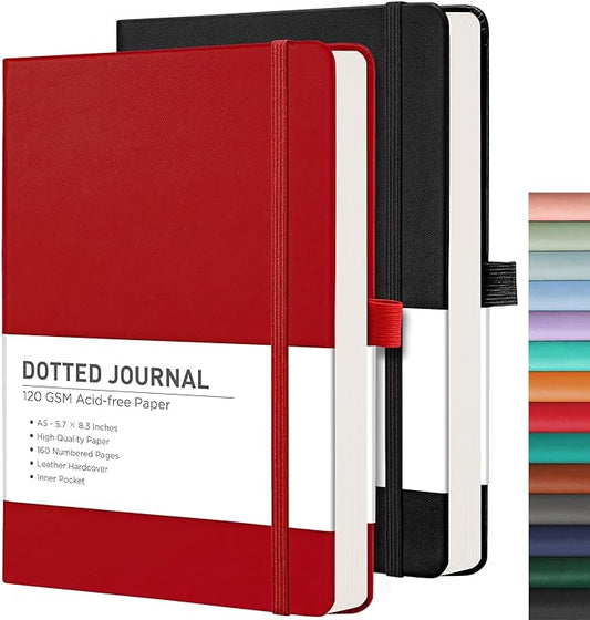 RETTACY Bullet Dotted Journal Notebook, 2-Pack, 160 Numbered Pages per Pack, A5 Medium Size (5.7'' x 8.3''), 120 GSM Thick Paper, Leather Hardcover, for Bullet Journaling (Black & Red)