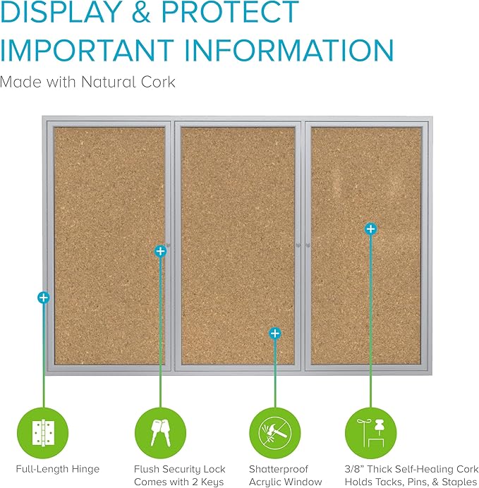 Ghent 48"x 96" 3-Door indoor Enclosed Bulletin Board, Shatter Resistant, with Lock, Satin Aluminum Frame - Natural Cork (PA34896K)-Made in USA