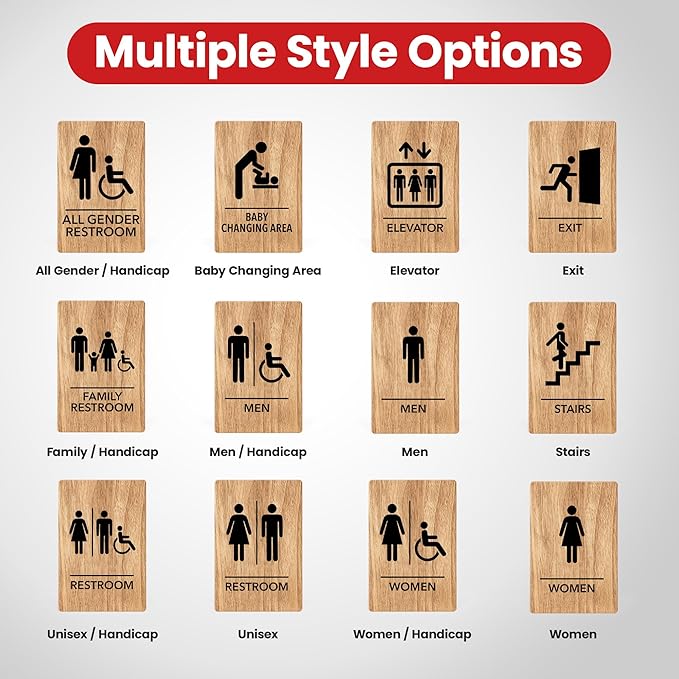Promot Unisex Handicap Bathroom Sign – ADA Braille Restroom Sign for Business, Self-Adhesive, 9" x 6", Commercial Door Signage, Office Wall Decor - Oak