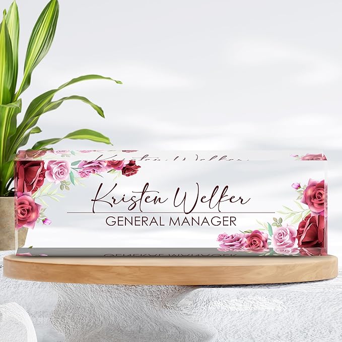 Personalized Name Plate for Desk, Custom Desk Name Plate, Acrylic Name Plate Office Desk Accessories, Personalized Office Gifts for Coworkers Teachers, Employee Appreciation Gifts (A-Rose)