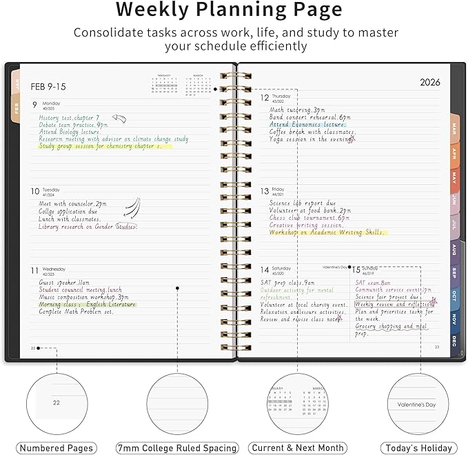 RETTACY 2026 Planner, Weekly and Monthly, Large Size (8.5" x 11"), Jan - Dec 2026, Agenda, Calendar, 12 Month Tabs, Flexible Plastic Cover, 100 GSM Thick Paper, Spiral-bound (Black)