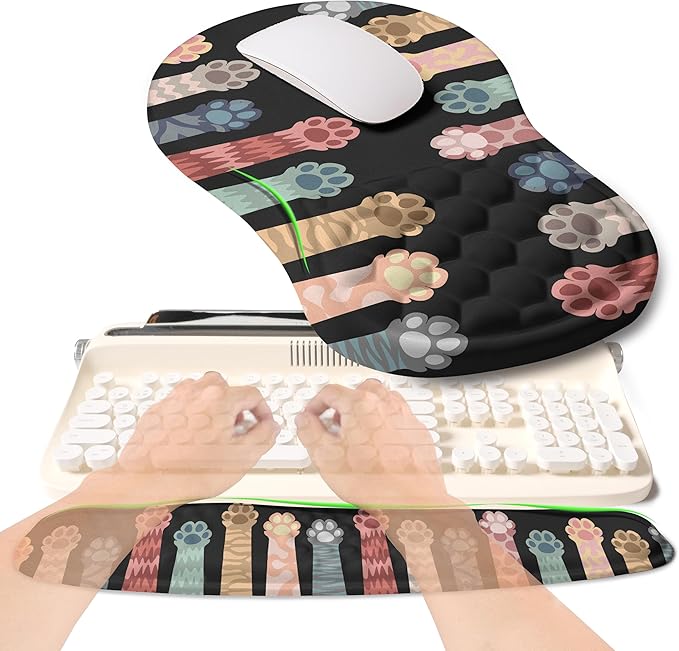 2-in-1 Ergonomic Set, Wave Rise Keyboard Wrist Rest and Massage Bulge Slope Mouse Pad Wrist Support, Cushion Memory Foam Integrated to Relieve Wrist Pain, Multicolour Cat Claws