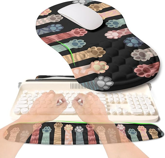 2-in-1 Ergonomic Set, Wave Rise Keyboard Wrist Rest and Massage Bulge Slope Mouse Pad Wrist Support, Cushion Memory Foam Integrated to Relieve Wrist Pain, Multicolour Cat Claws