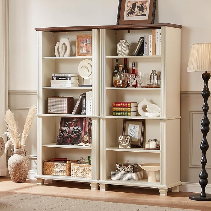 70" Tall White Bookshelf,5 Tier Wood Book Shelf with Adjustable Shelves & Wood Legs,Free Standing Farmhouse Bookcase with Open Display Storage,Vintage Kids Bookshelves for Nursery,2PCS