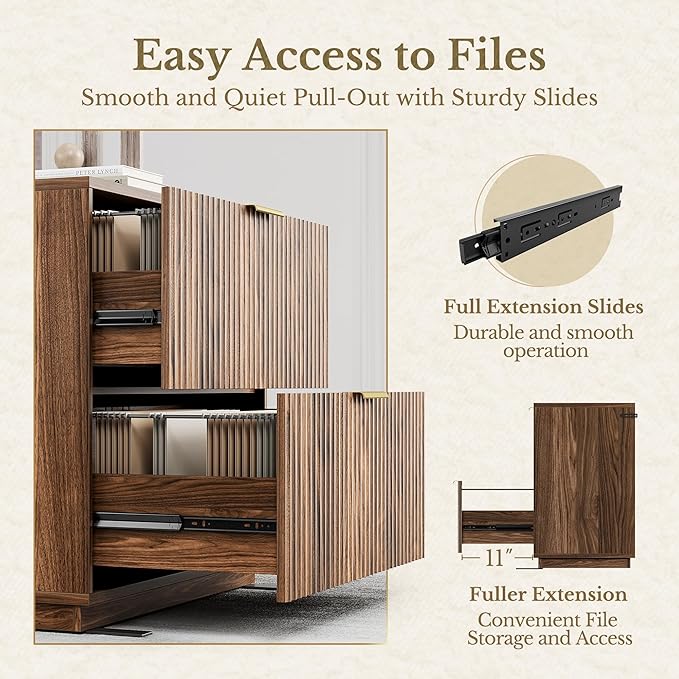 2 Drawer Fluted File Cabinet, 32'' Lateral File Cabinet for Legal/Letter/A4/F4 Size Hanging Files, Wood File Storage for Home Office, Black Walnut