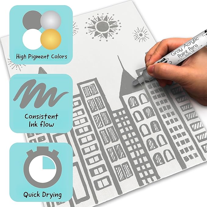 4 Dual Tip Gray Paint Pen Metallic - Fine Tip & Medium Acrylic Paint Markers - Gray Marker for Metal, Wood, Rock Painting, Canvas, Ceramic, Glass, Fabric, Leaf and Plastic - Water-based Ink