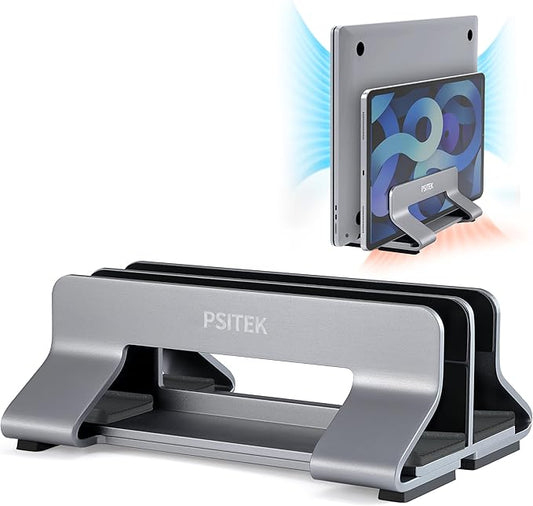 Aluminum Dual Vertical Laptop Stand Dock Holder, Supports 2 Devices, Adjustable Slot Width 15-36mm, Space-Saving Upright Storage for MacBook and Laptops