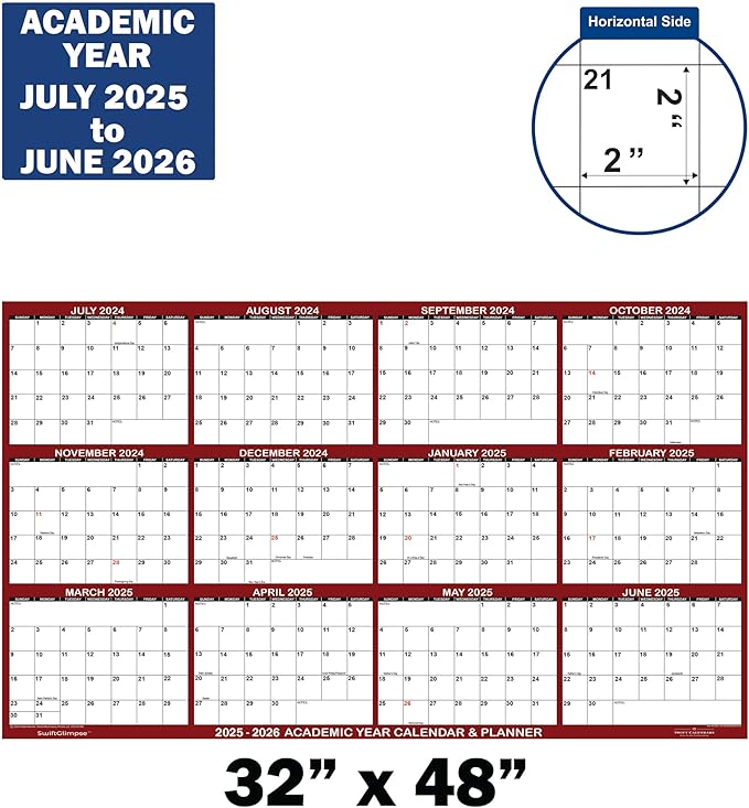 32" x 48" SwiftGlimpse 2025-2026 Academic Wall Calendar Dry Erase Erasable, XLarge, Wet & Dry Erase Laminated, Yearly Planner, JULY 2025 to JUNE 2026 ONLY