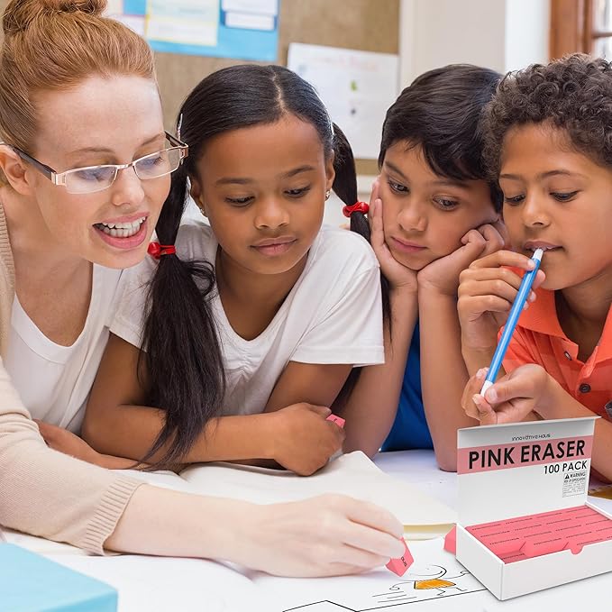 Innovative Haus Pink Erasers Bulk - Latex Free, Smudge Resistant Large Eraser. Big Size School Erasers for Kids in Bulk. Ideal for Students and Classrooms. Pack of 100