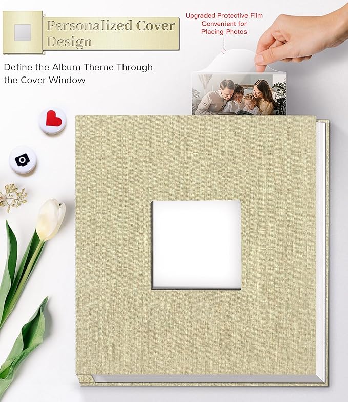 Photo Album Self Adhesive Scrapbook Album for 3x5 4x6 5x7 8x10 Pictures,40 Pages Linen Cover with Display Window DIY Photo Book,Ideal Gifts for Family Travel Wedding Baby