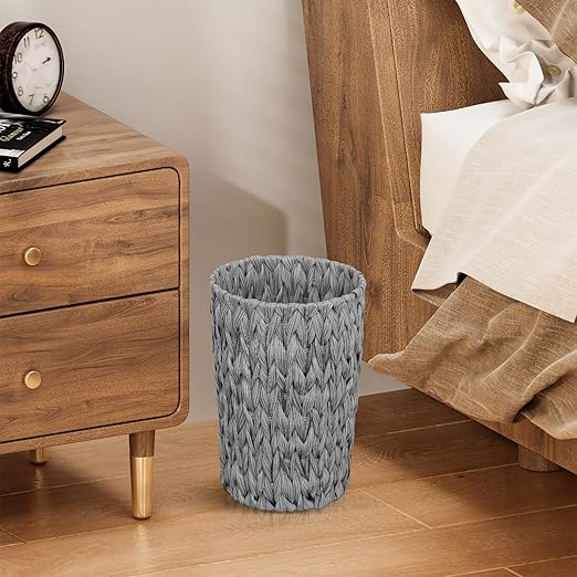 Endymion Grey Wicker Trash Can,Waterproof Wicker Waste Basket for Bathroom,Woven Waste Basket for Bedroom,2 Gallon Round