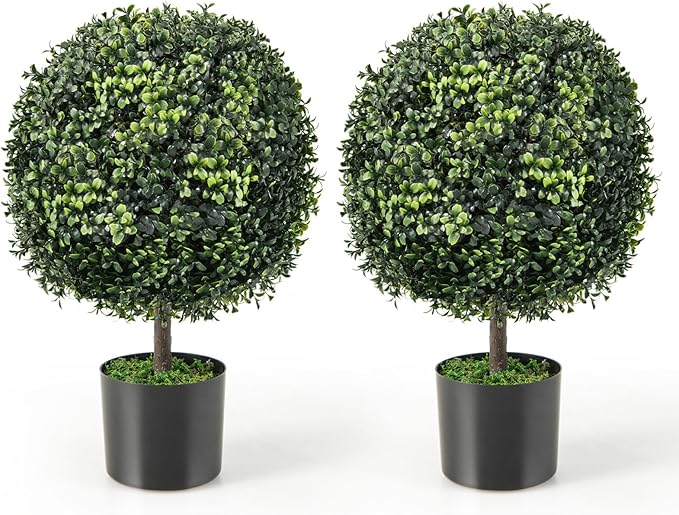 Goplus 22” Artificial Boxwood Topiary Ball Tree, Set of 2 Faux Potted Plants Artificial Shrubs Bushes with Cement Pot, Fake Evergreen Artificial Topiary for Indoor Outdoor Home Front Porch Decor