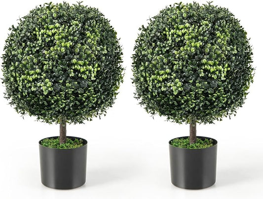 Goplus 22” Artificial Boxwood Topiary Ball Tree, Set of 2 Faux Potted Plants Artificial Shrubs Bushes with Cement Pot, Fake Evergreen Artificial Topiary for Indoor Outdoor Home Front Porch Decor