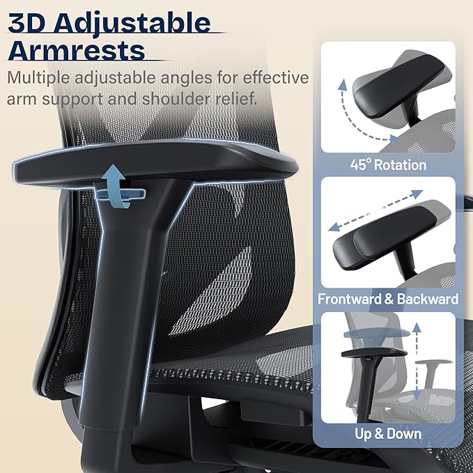 Ergonomic Office Chair, Mesh Computer Desk Chairs with Adjustable Lumbar Support, 3D Armrests, Tilt Function, Comfy Wide Seat, Swivel Executive Work Task Chair for Company and Home
