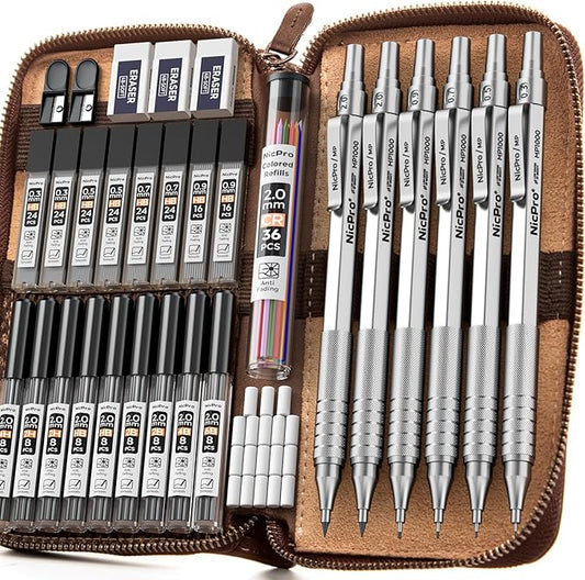 Nicpro 33PCS Metal Mechanical Pencil Set in Leather Case, Art Drafting Pencil 0.3, 0.5, 0.7, 0.9 mm, 2mm Lead Pencil Holders for Sketching Drawing With 18 Tube (6B 4B 2B HB 2H 4H Colors) Lead Refills