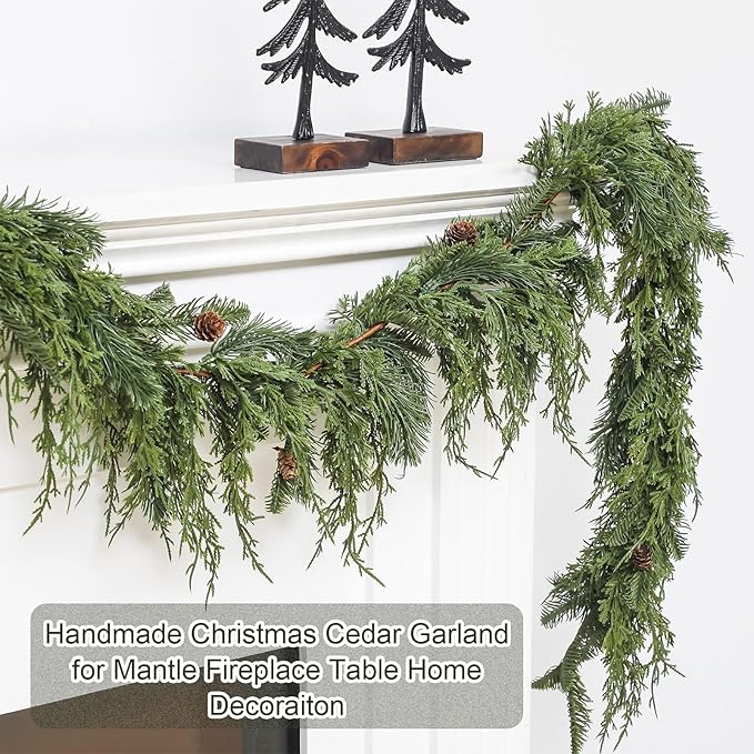 1 Pcs 6 ft Christmas Cedar Garland Greenery Realistic Cedar Pine Needles Garland Artificial Decoration for Table, Mantel, Wall, Home Winter Holiday Party Decor