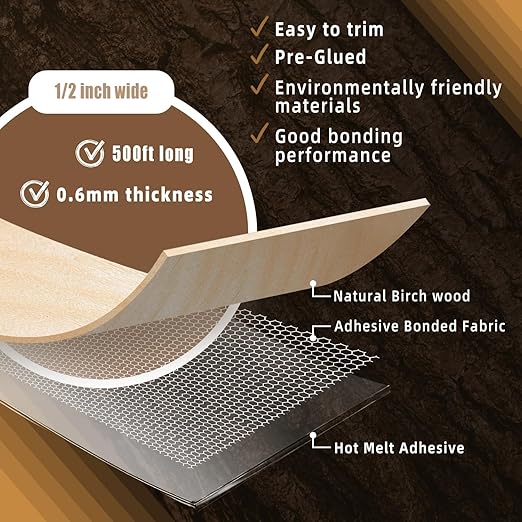 GSCIT Club Birch Edge Banding, 1/2 inch x 500ft roll Wood Veneer Edge Banding Preglued Flexible, Veneer Tape Banding for Cabinet Plywood