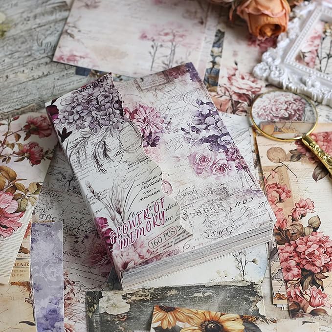 160 Sheets Vintage Flower Scrapbook Paper Purple Pink Flowers with Cursive Script No Repeating Patterns Perfect for Junk Journal DIY Cards Craft Albums Scrapbooking Supplies (Purple, 3.9 x 5.5 inches)