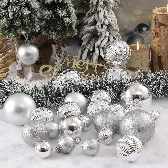 Christmas Balls Ornaments -36pcs Shatterproof Christmas Tree Decorations with Hanging Loop for Xmas Tree Wedding Holiday Party Home Decor,6 Styles in 3 Sizes(Silver)