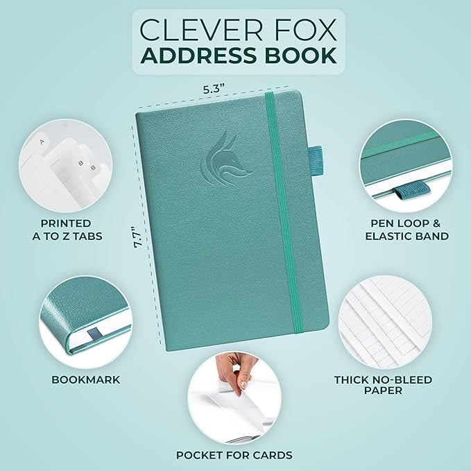 Clever Fox Address Book with alphabetic tabs - PU Leather Telephone and Address Book for Keeping Contacts Safe, Contact Organizer Journal, Medium Size (5.3″ x 7.7″) Hardcover, Aquamarine