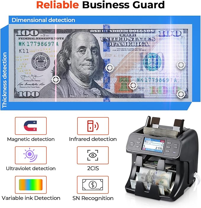 MUNBYN 2-Pocket Money Counter Machine Mixed Denomination, Money Sorter, Built-in Printer, Sort on DENOM/FACE/ORI, Value Counting, 2 CIS/UV/MG/IR Counterfeit Detection, Touch Screen, 2Y Protection