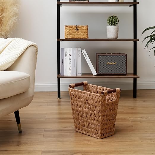 GRANNY SAYS Bathroom Wastebasket, Caramel Orange Woven Trash Can with Handles, Waterproof Wicker Waste Basket for Office, 2-Pack, 13" x 7 ½" x 12 ½"