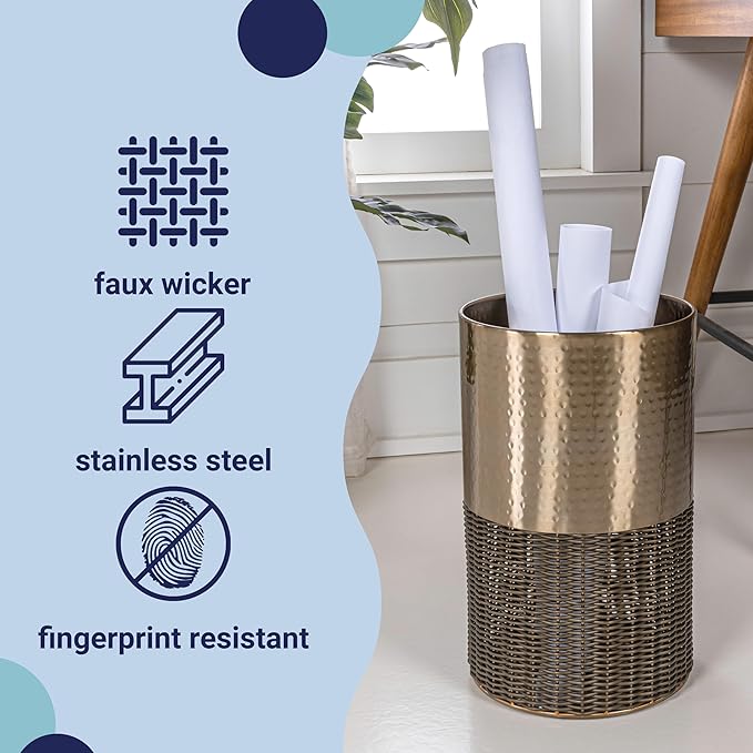 happimess HPM1102A Asher Modern 4.13-Gallon 2-Tone Faux Wicker/Metal Cylinder Waste Basket, Bronze/Coffee for Home, Bathroom, Living Room, Office, Bedroom, Kitchen
