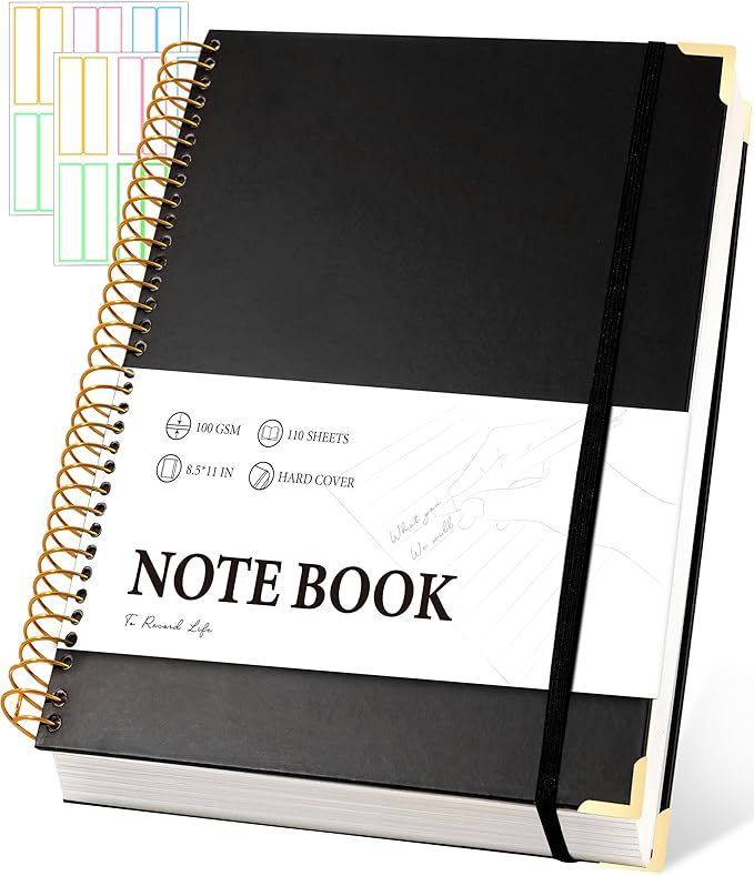 FLYING EAGLE Black Spiral Notebook College Ruled 8.5 X 11 with Tab Stickers Large Hardcover Notebooks for School Supplies A4 Note Book Journal Notebooks for Work Note Taking Office, 200 Pages