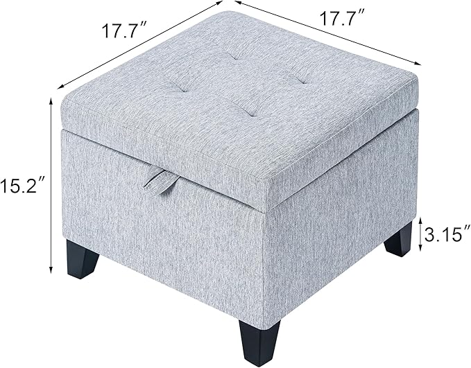 Adeco 18 Inch High Cube Ottoman Storage, Linen Chair Foot Stools, Upholstered Vanity Stool with Hinged Lid, Solid Wood Legs