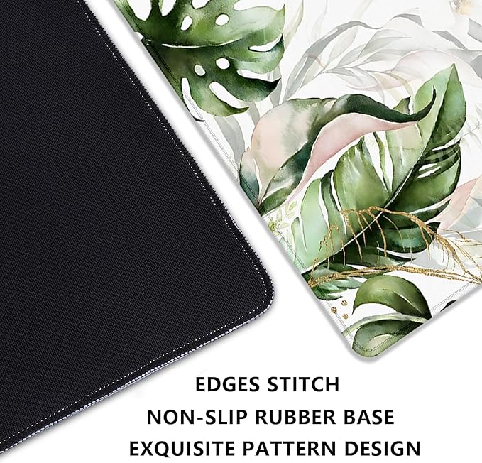 Green Tropical Leaves Mouse Pad Desk Pad,Green Sage Plant Extended Gaming Mouse Mat with Stitched Edges Non-Slip Waterproof Rubber Base Mous Mat for Office Home Game Desk Pad(27.5X11.8 in)