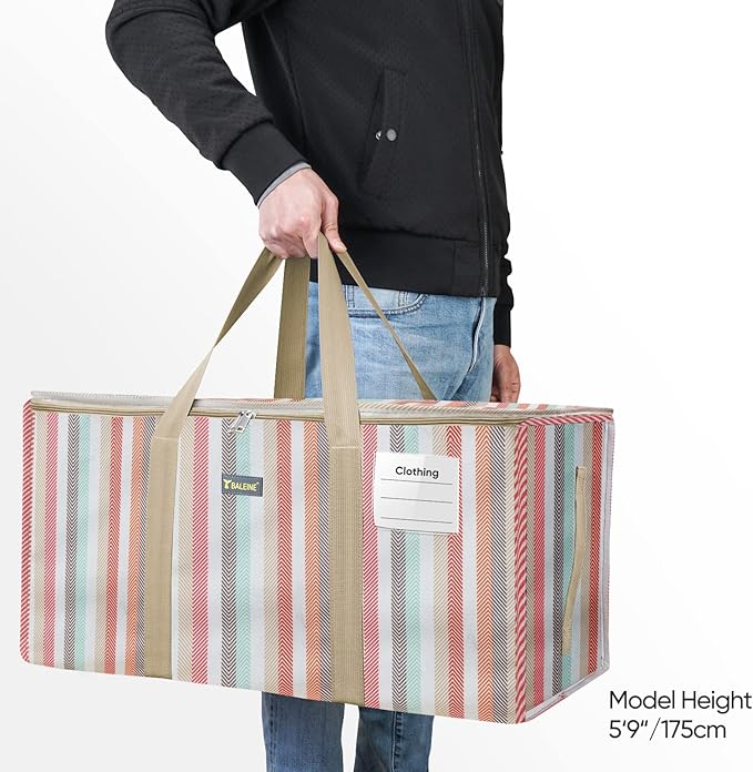 BALEINE Extra Large Storage Tote with Zippers & Carrying Handles, Heavy-Duty Oxford Fabric Moving Bags for Laundry, Space Saving, Storage, 2-Pack, Color Stripe