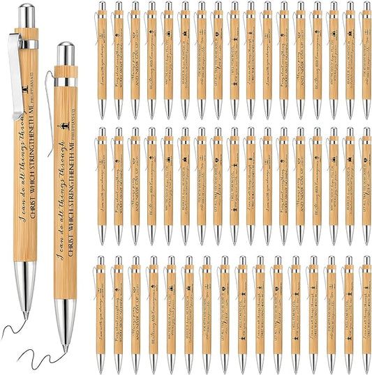 50 Pack Bible Verse Bamboo Retractable Ballpoint Pens Christian Inspirational Bible Verse Ballpoint with Black Ink Pen for Journal Writing Office Supplies Religious Gifts for Men Women(Classic Color)