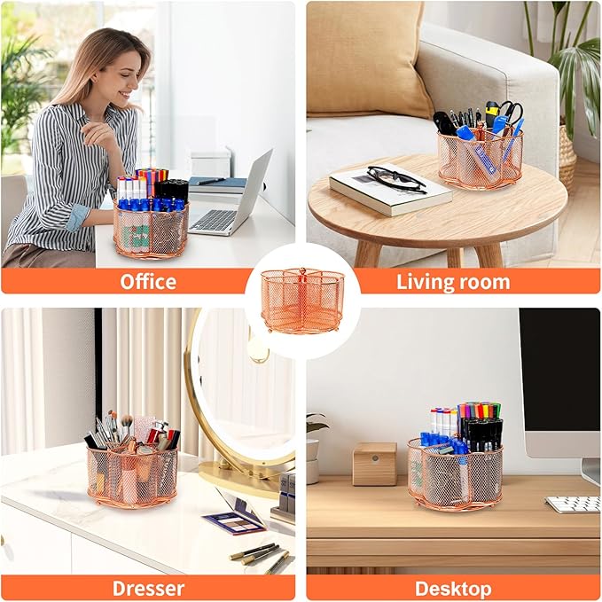 360 Degree Rotate Pen Holder for Desk Mesh Desk Pen Organizer Pencil Holder Large Capacity Accessories & Workspace Organizers for School,Home (Rose Gold, No hook)