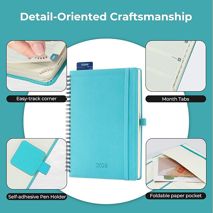 Planner 2026 Daily Weekly and Monthly,8.5"x6.5",12 Months Spiral Bound Calendar Agenda with Self-adhesive Pen Holder,2026 Appointment Book with Vegan Leather Soft Cover,Light Blue