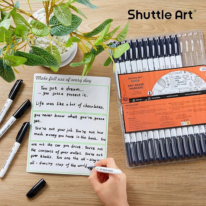 Shuttle Art Dry Erase Markers, 32 Pack Black Whiteboard Markers,Fine Tip Dry Erase Markers for Kids,Perfect for Writing on Whiteboards, Dry-Erase Boards,Mirror,Calender,School Office Supplies