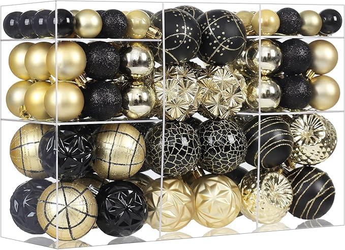 100ct Black and Gold Christmas Ornaments Set, Shatterproof Xmas Tree Ornaments Decorations Collection, Hanging Plastic Christmas Balls for Holiday Party Wedding (Black&Gold)
