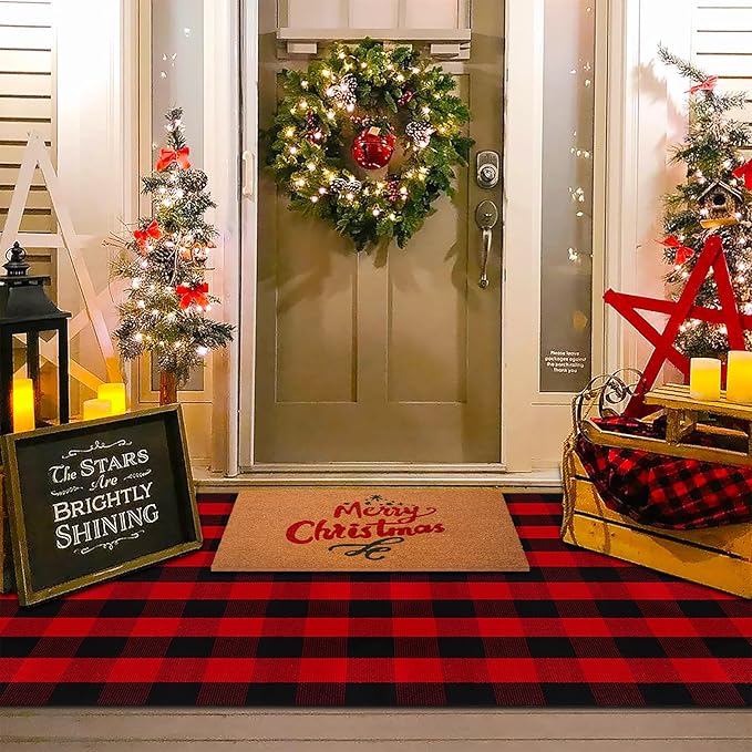 Christmas Red and Black Plaid Rug, 4' x 6' Cotton Hand-Woven Layered Door Mat for Front Porch, Entryway, Outdoor Holiday Decor, Washable Buffalo Check Rug for Home, Patio, Kitchen