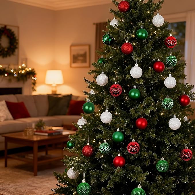 Christmas Tree Decorations Ornament Set, 60ct 2.36 Inches Red Green and White Shatterproof Christmas Ball Ornaments, Hanging Ball for Xmas Holiday Wedding Party Decor