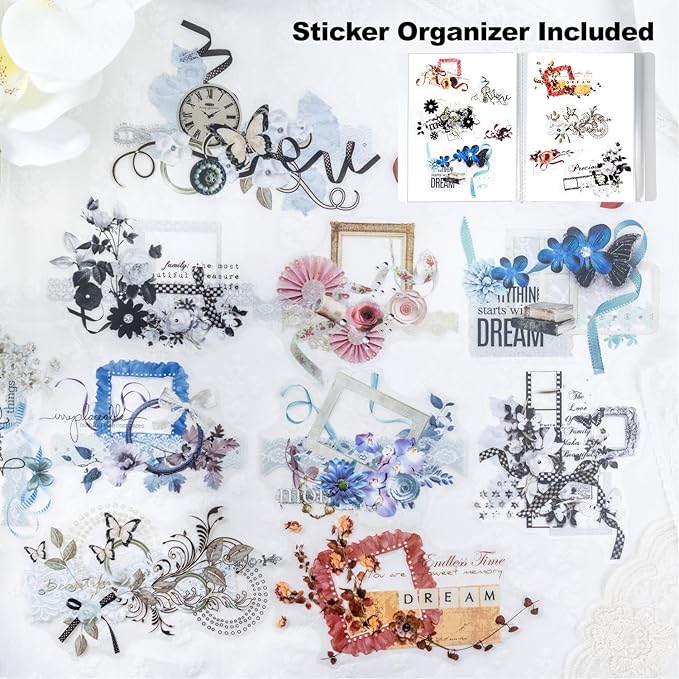 60Pcs Lace PET Stickers, Floral Designs for Scrapbooking DIY Crafts Journaling Supplies Junk Journal Ephemera with Storage Organizer