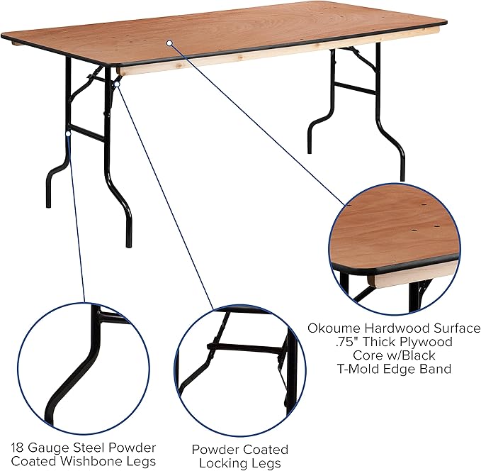 Flash Furniture Fielder 6' Rectangular All-Occasion Wood Folding Event Table, Foldable Portable Banquet Table with Wooden Top, Natural/Black