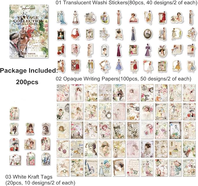 200PCS Vintage Scrapbooking Supplies Pack, Aesthetic Scrapbook Sticker Paper Art Journaling Kit for Bullet Junk Journals,Planner,Cottagecore Decor Gifts (Rose)