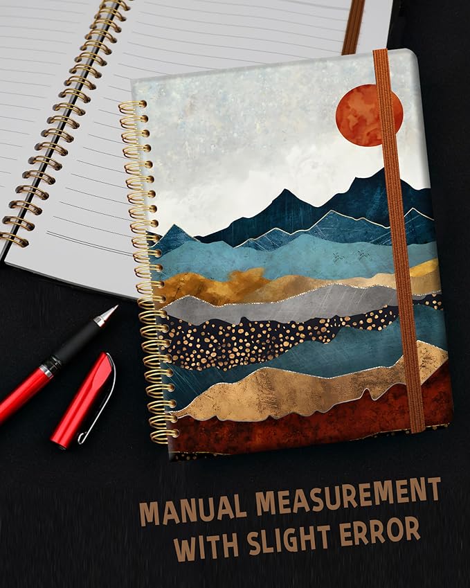 Ruled Spiral Writing Notebook,A5 Hardcover Lined College Journal for Women Lady,Fashion Puppy Watercolor Strong Twin-Wire Binding with Premium Paper,8.4" X 6",Perfect for School,Office,Home Gifts(Abstract Mountain Sun)