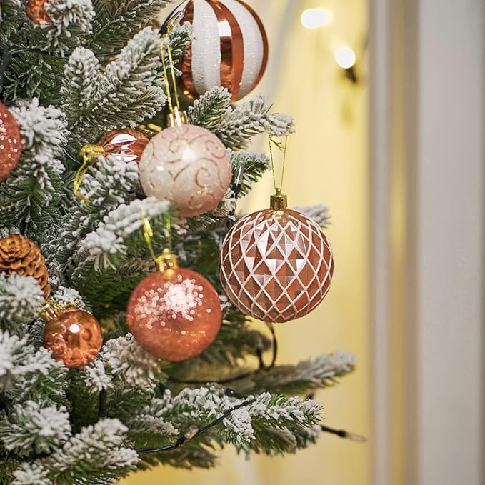 Christmas Ball Ornaments Set Assorted Shatterproof Ornaments 63 PCS Shaped Styles Xmas Tree Holiday Decorative,Rose Gold