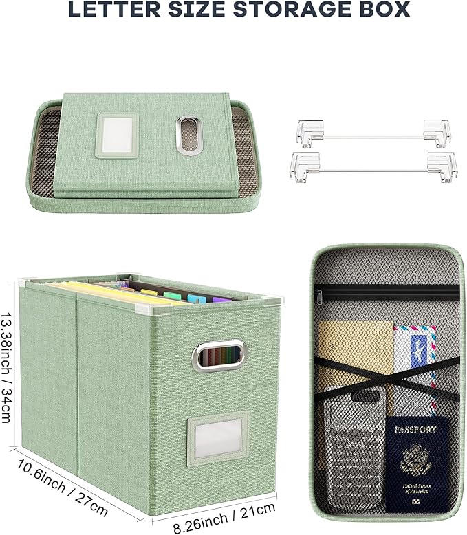 Oterri Hanging Filing File Box with Mesh Pocket, File Organizer Box with Lid, Collapsible Document Organizer Box for Letter Size, Easy Slide Durable Storage Box for Office/Decor/Home (2 PCS, Green)