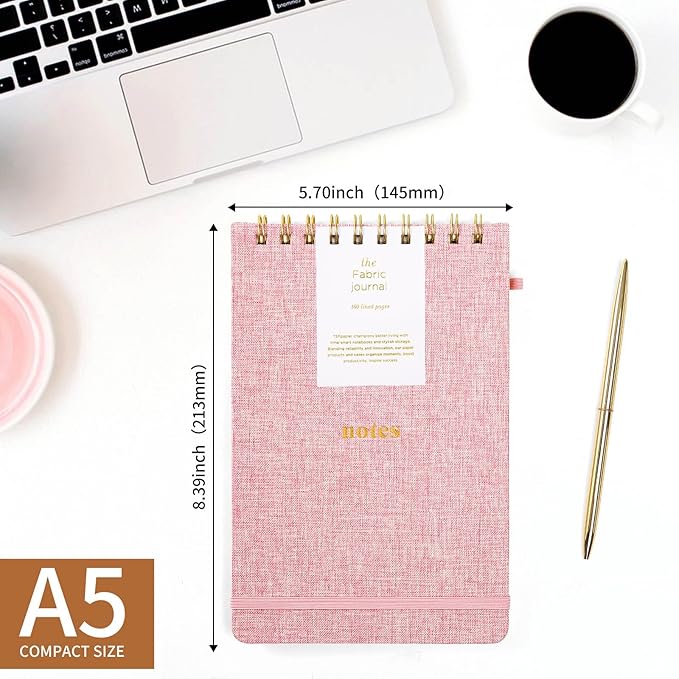 A5 Top Spiral Notebook – Hardcover Journal 160 Pages 100 GSM Thick Paper With Elastic Band & Pen Holder Steno Pads College Ruled Writing Notebooks for Work School Travel Pink