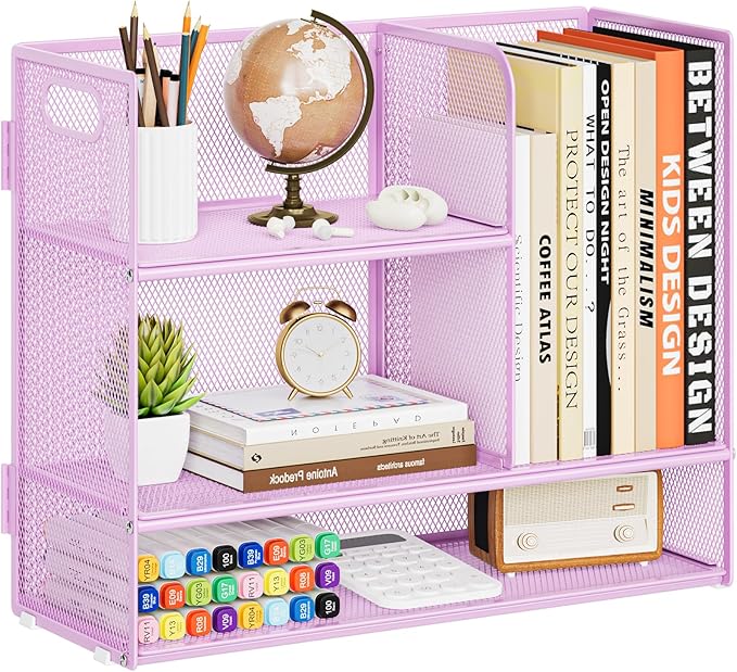 Marbrasse 3-Tier Desk Shelf Organizer with Handle, Desktop Bookshelf File Holder, Mesh Display Shelf Organizer Storage Rack for Office, Home, Supplies, Kitchen (Purple)