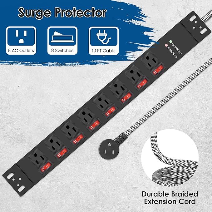 Rack Mount Power Strips,8 Outlet Strips Surge Protector with Individual Switches, PDU Power Strip for Server Racks, 14AWG Heavy-Duty Braided Extension Cord,2700J,15A 125V 1875W (10 FT Cable)