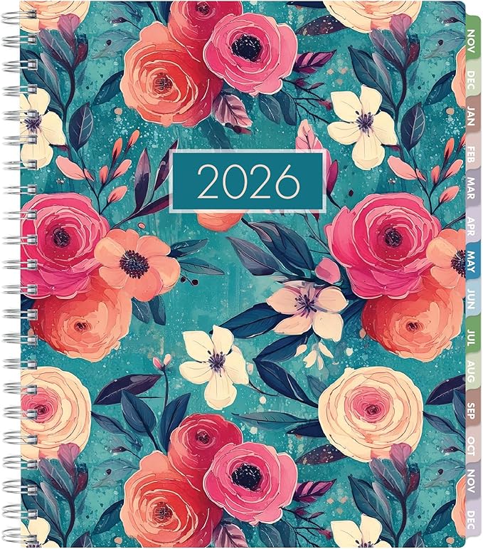 Essential PRO 2026 Daily, Weekly & Monthly Planner, 8.5"x11": 14 Months (Nov 2025 - Dec 2026) Monthly Tabs,Daily Tracking,Notes Pages,Storage Pocket,Bookmark w Sticky Notes (Teal Floral)