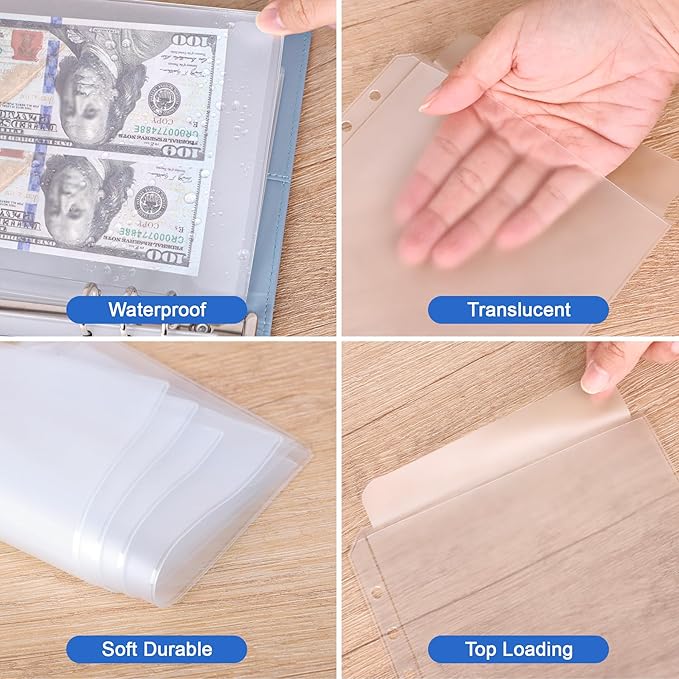 Antner 12PCS A5 Binder Pockets No Zipper 6-Hole Budget Cash Envelopes for Small Refillable Notebook, Zipless A5 Planner Inserts Binder Pouches Loose Leaf Money Organizer Bags for Saving Challenge