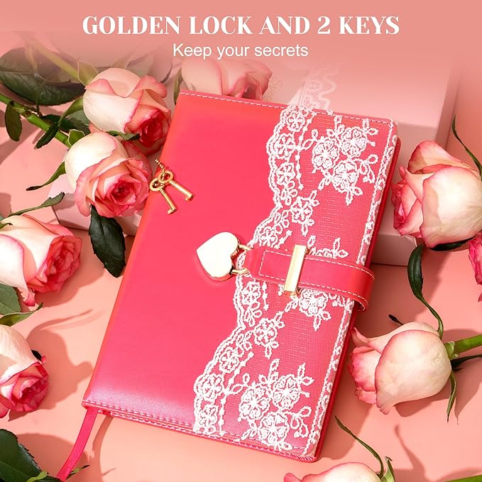 Lace Diary with Lock& Gift Box for Women and Girls 224 Pages Cute Journal with Lock and Key A5 Leather Password Locked Journals for Writing Note Taking, Rosy (Pink)
